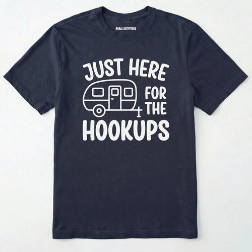 Navy hook ups t-shirt with trailer graphic and funny camping quote on a white background.