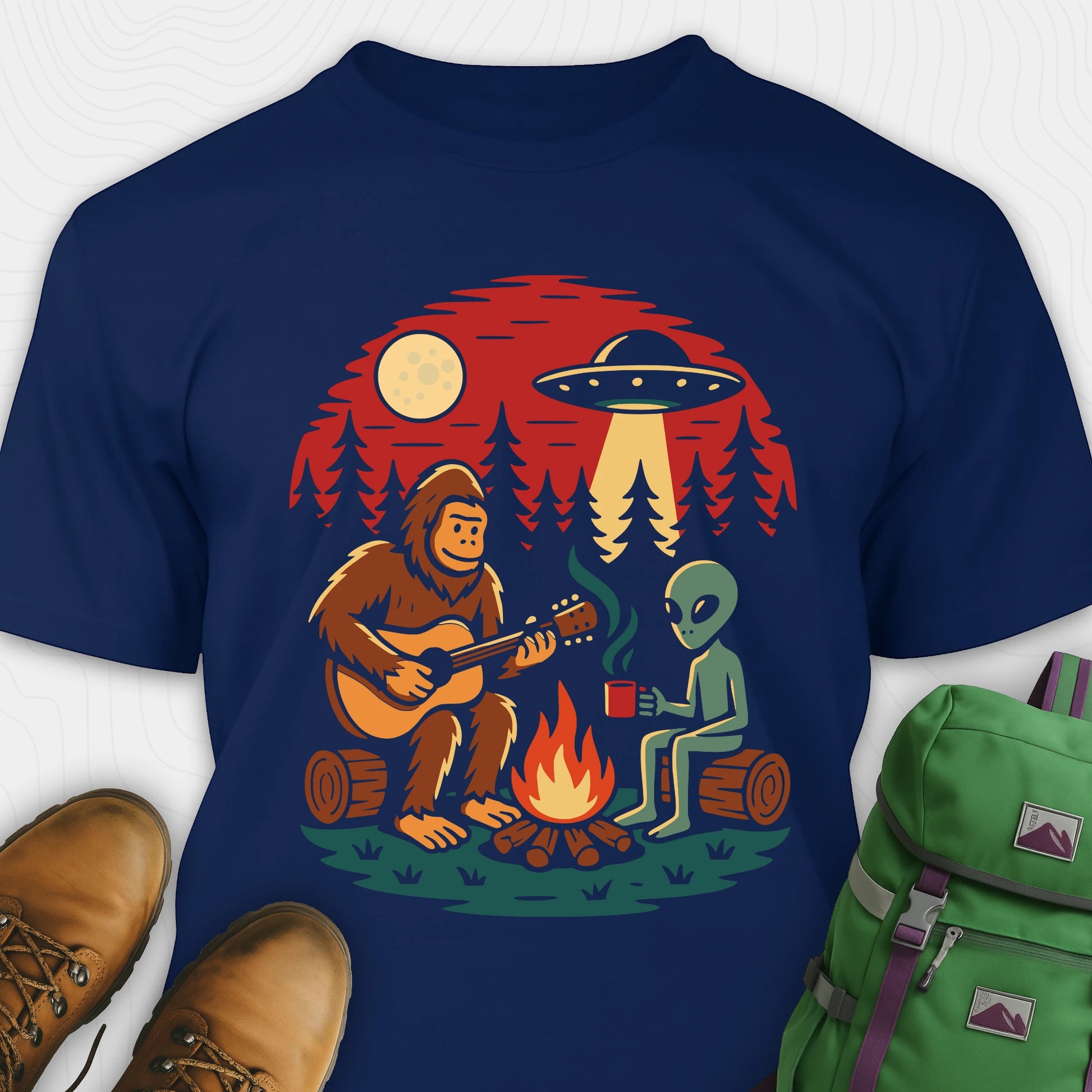 Navy alien shirt with UFO, bigfoot camping by the fire design