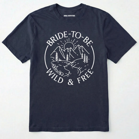 Navy bride to be t-shirt featuring a wild and free bachelorette theme on a white background.
