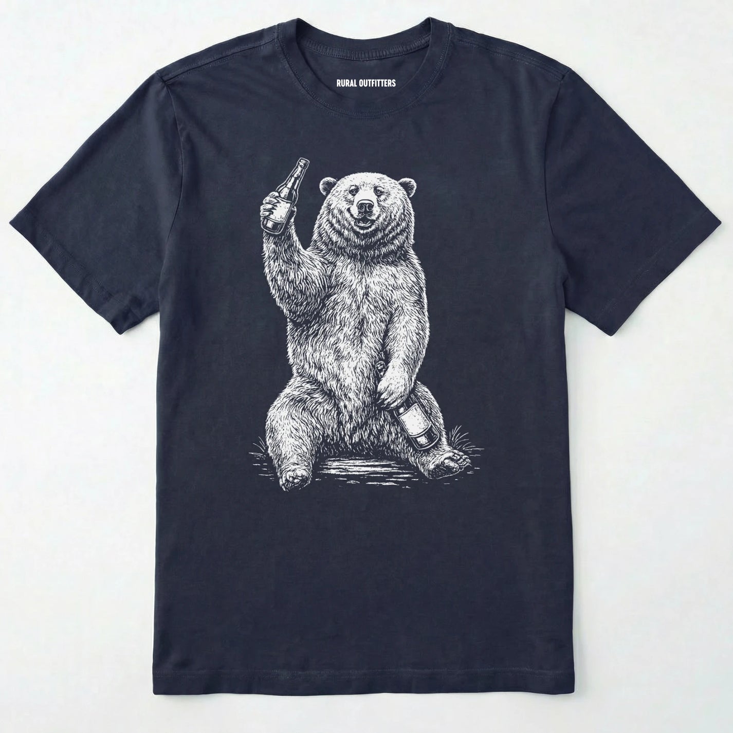 Navy brown bear shirt with a bear graphic holding a beer bottle on a white background.