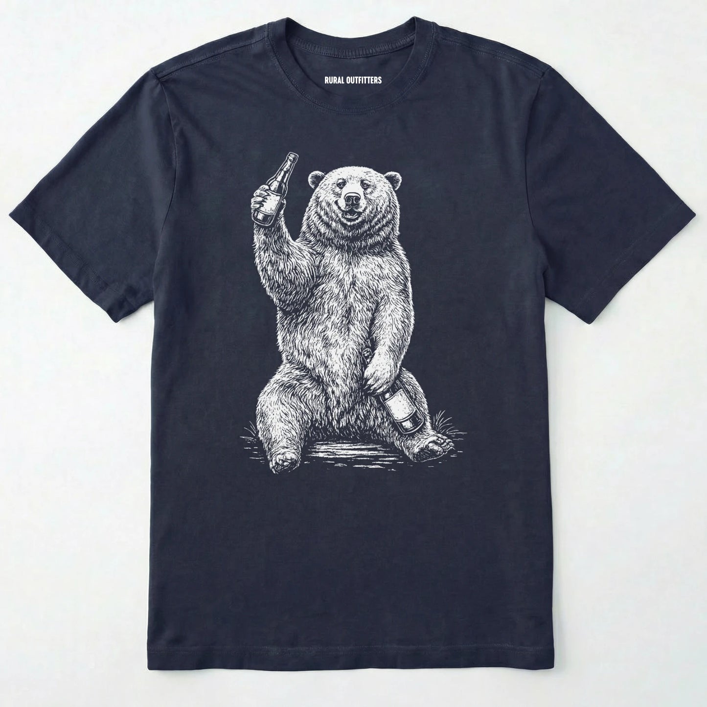Navy brown bear shirt with a bear graphic holding a beer bottle on a white background.