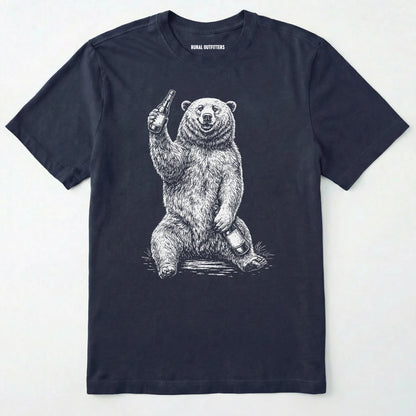 Navy brown bear shirt with a bear graphic holding a beer bottle on a white background.