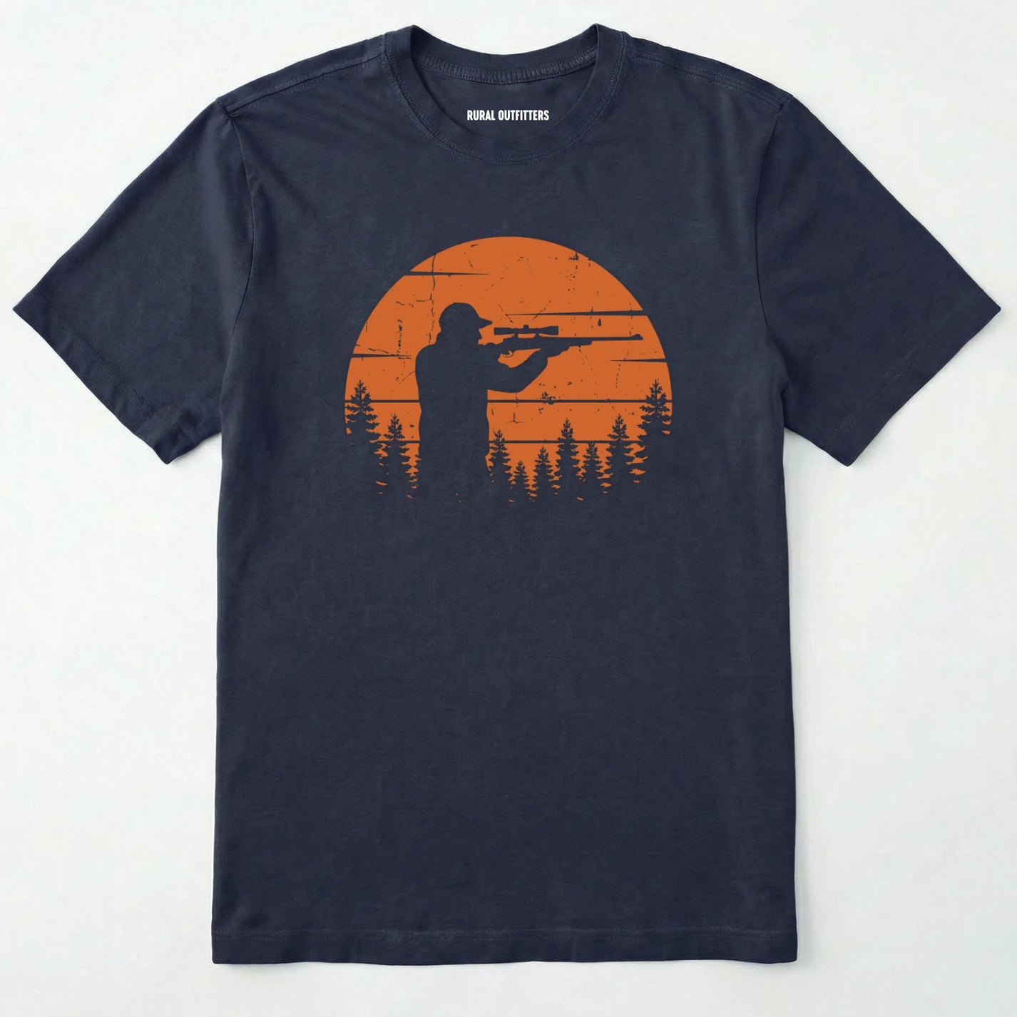Navy t-shirt with a graphic of a hunter and sunset design on a white background