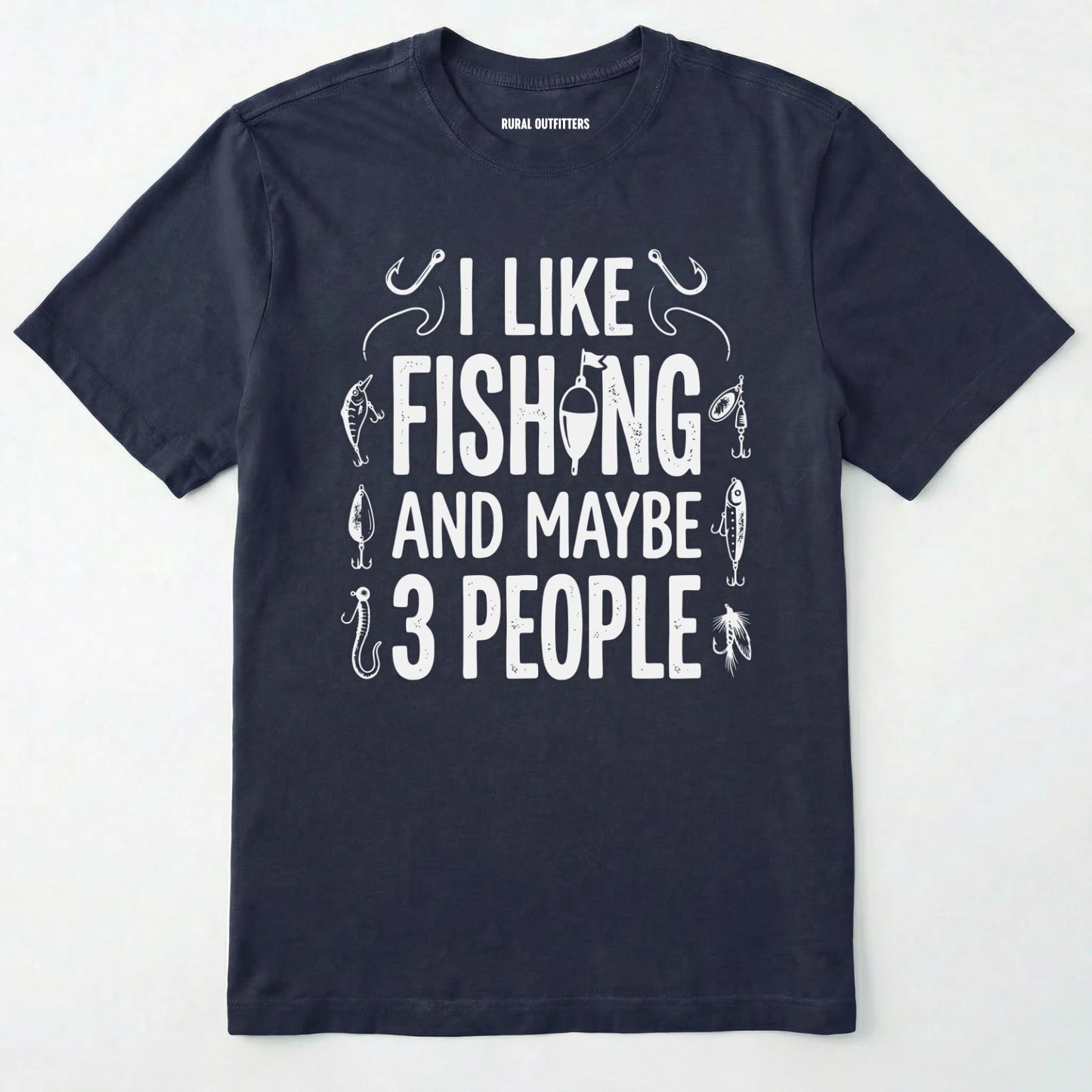 Navy t-shirt with white text and fishing graphics on a light grey background