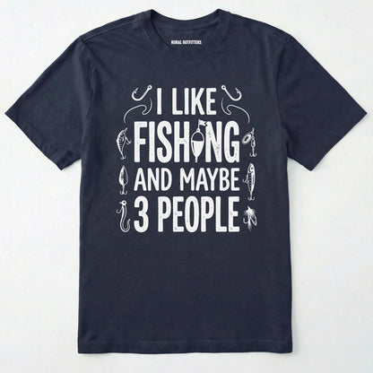 Navy t-shirt with white text and fishing graphics on a light grey background