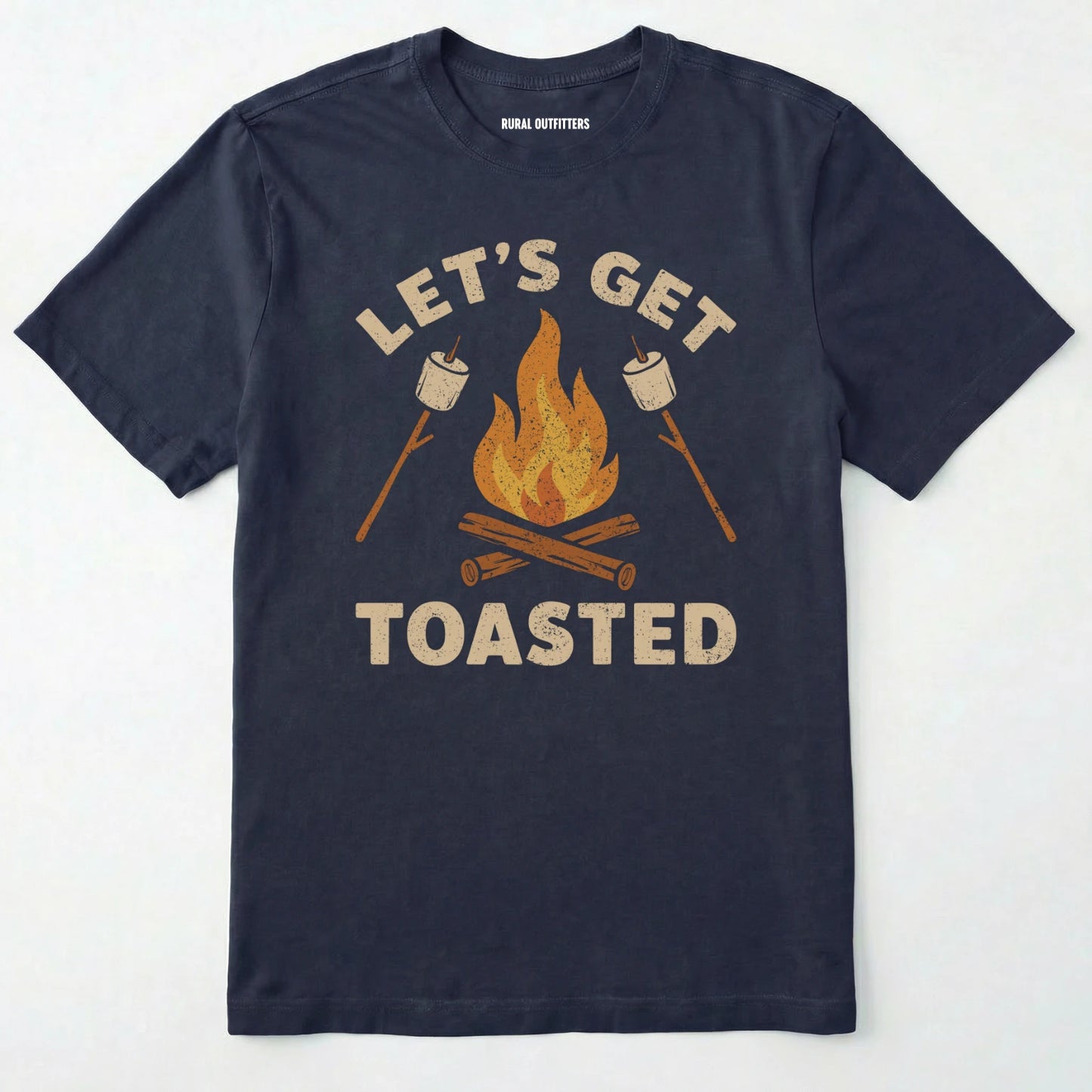 Navy let⊙s get toasted shirt with campfire and roasting marshmallow graphic on a white background