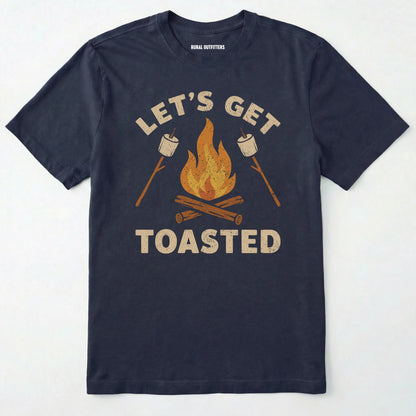 Navy let⊙s get toasted shirt with campfire and roasting marshmallow graphic on a white background