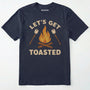 Navy let⊙s get toasted shirt with campfire and roasting marshmallow graphic on a white background