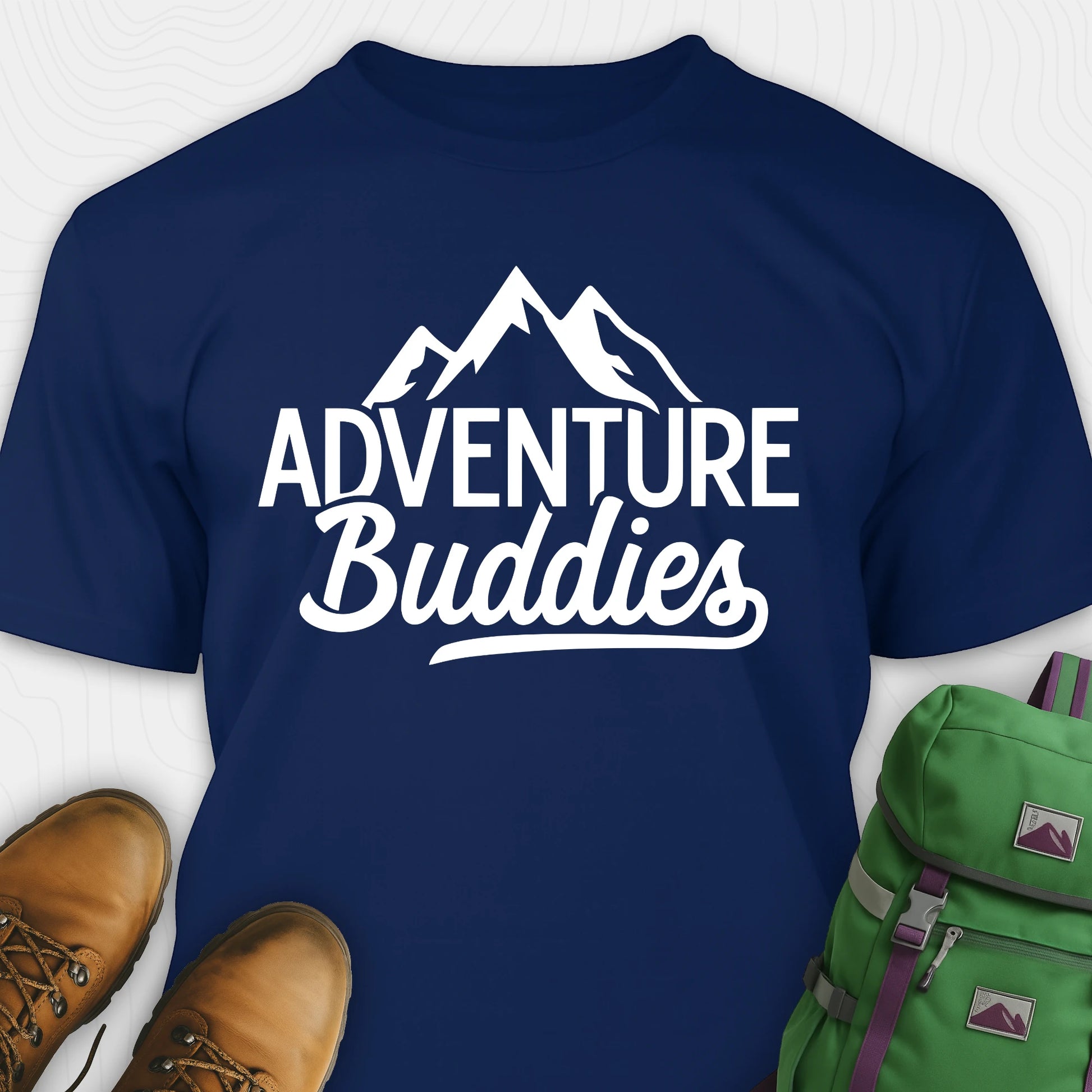 Navy adventure buddies t-shirt featuring mountain design