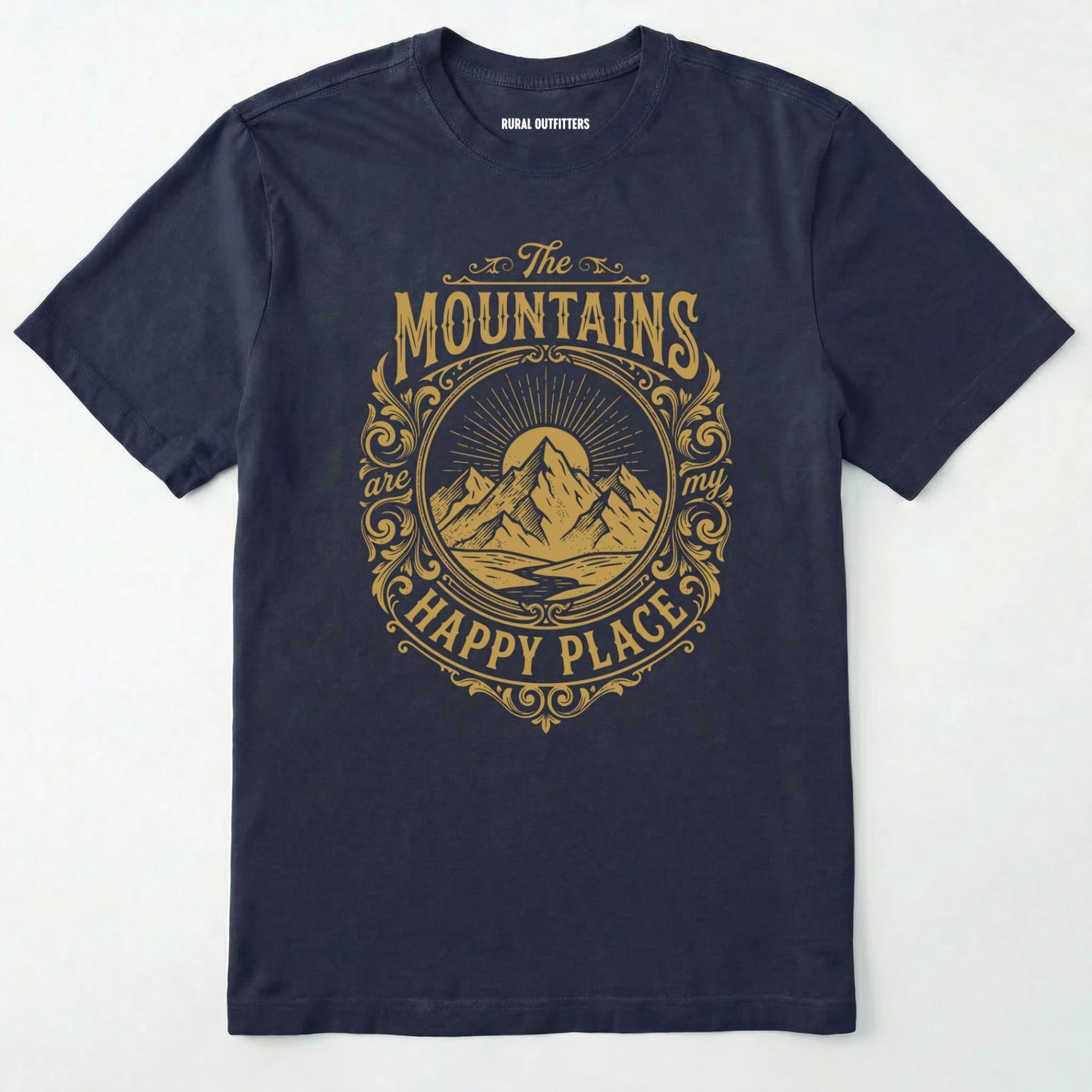 Navy t-shirt with gold mountain graphic and text on a white background