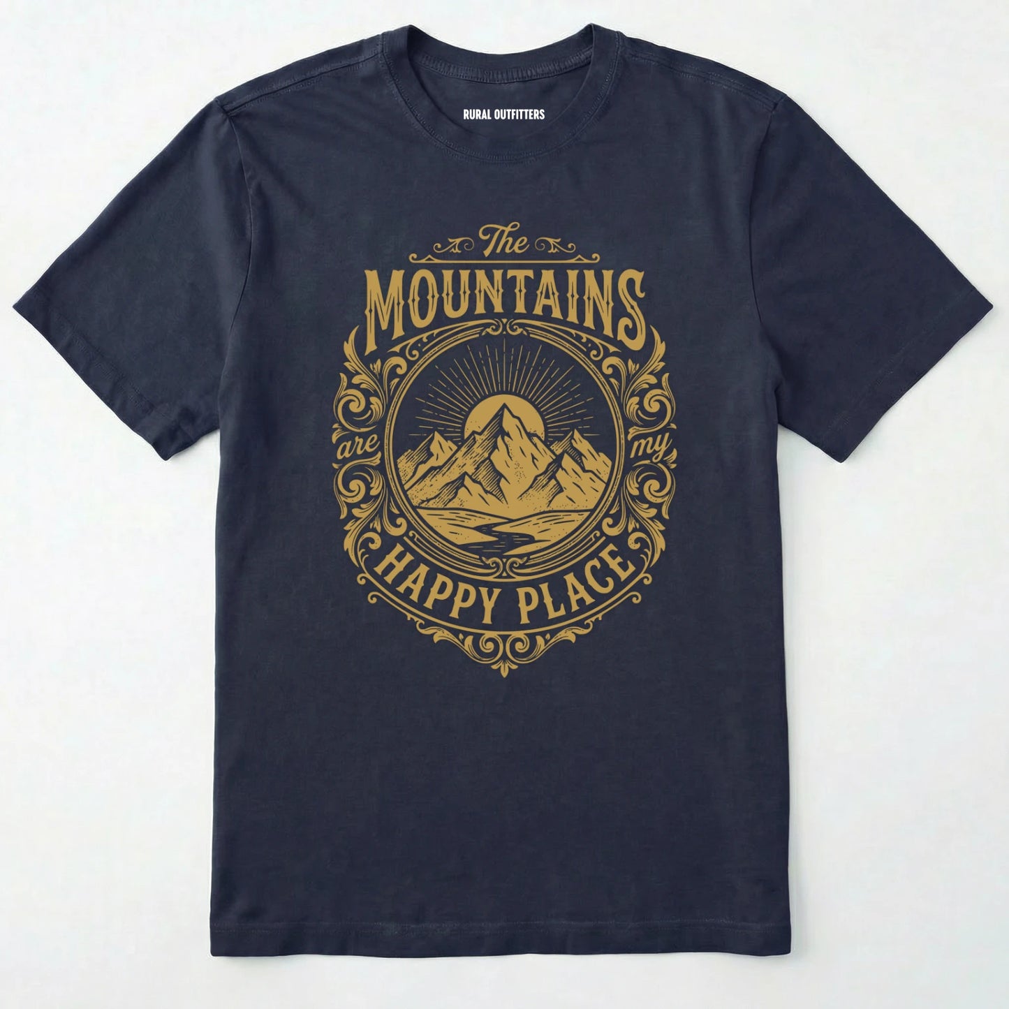 Navy t-shirt with gold mountain graphic and text on a white background