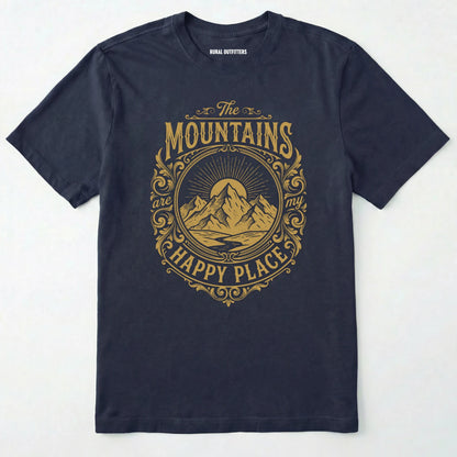 Navy t-shirt with gold mountain graphic and text on a white background