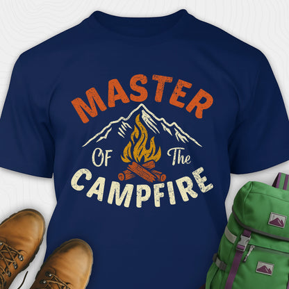 Navy fire starter shirt with retro campfire and mountain graphic, featuring "Master of the campfire" text