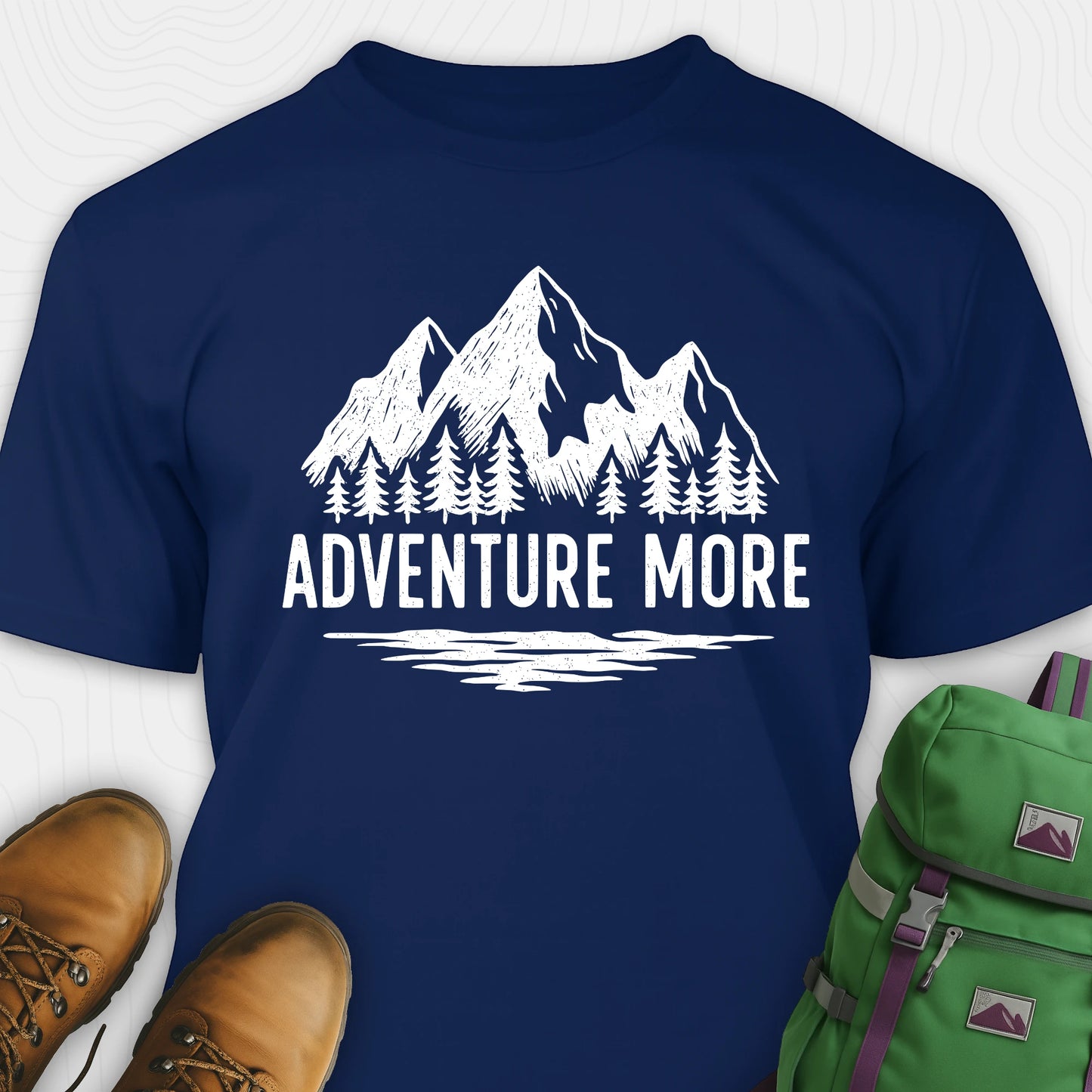 Navy adventure t-shirt with white mountain and tree graphic on a soft cotton tee