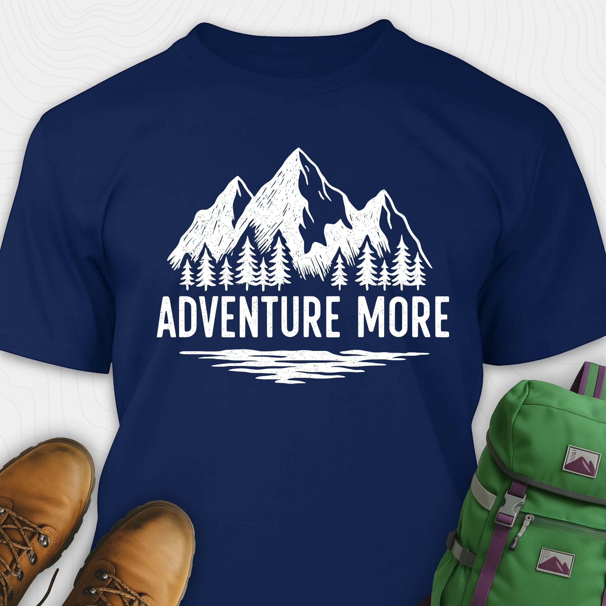 Navy adventure t-shirt with white mountain and tree graphic on a soft cotton tee