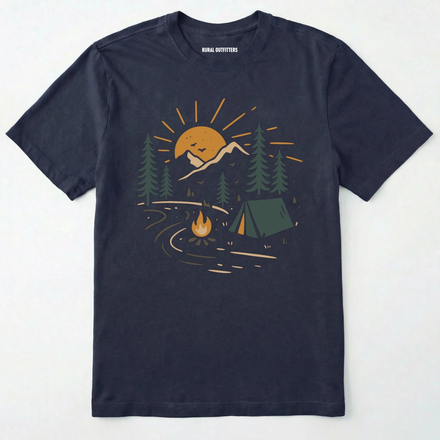 Navy wilderness explorer shirt with sunset campfire scene with tent, trees, and mountains design on a white background.