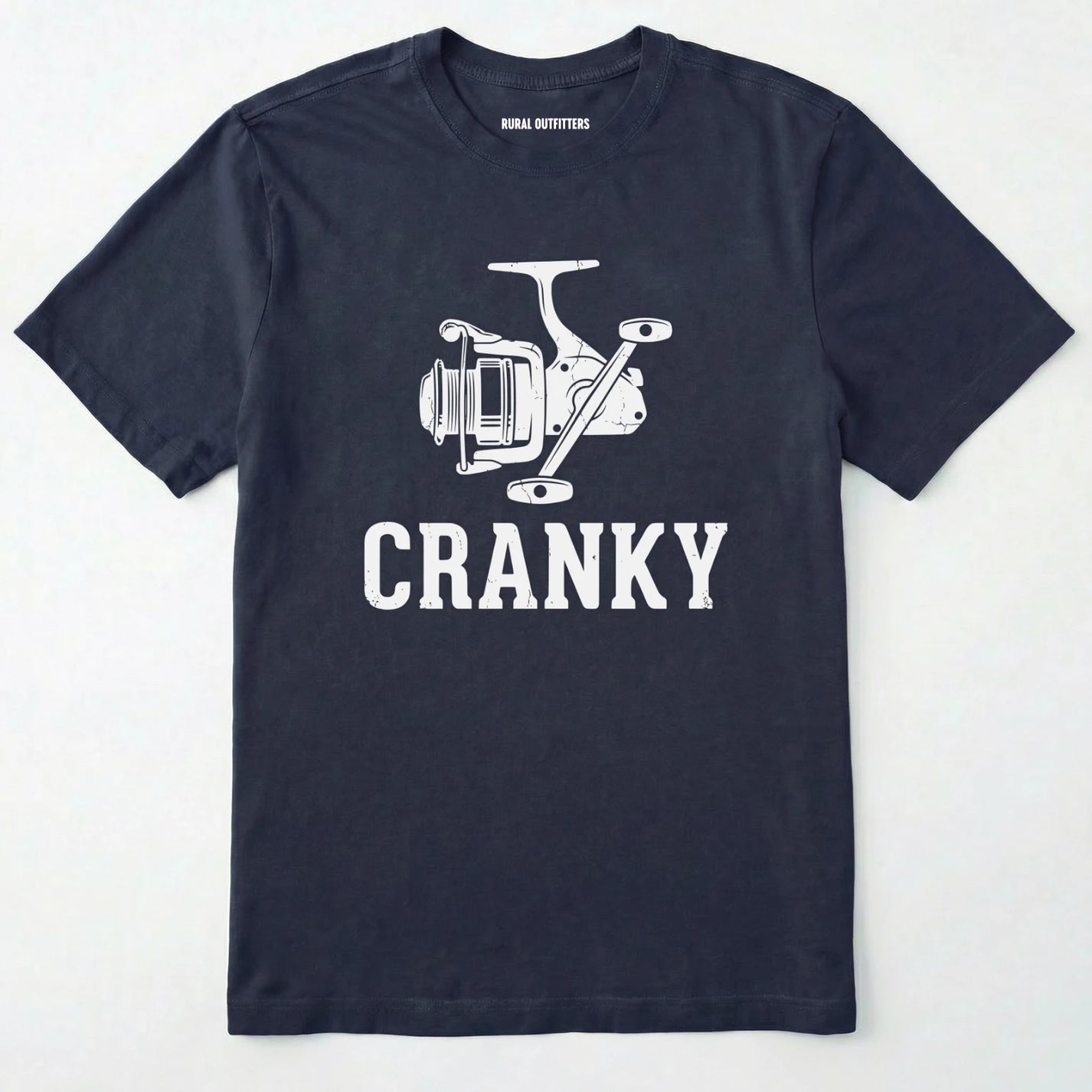 Navy t-shirt with white fishing reel graphic and 'cranky' text on a white background