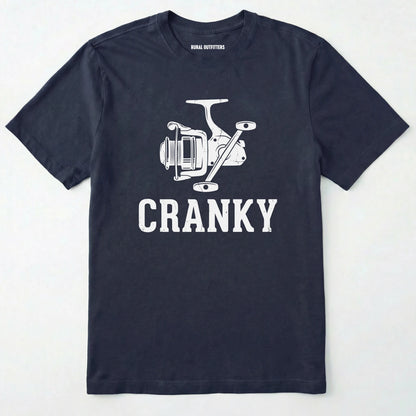 Navy t-shirt with white fishing reel graphic and 'cranky' text on a white background
