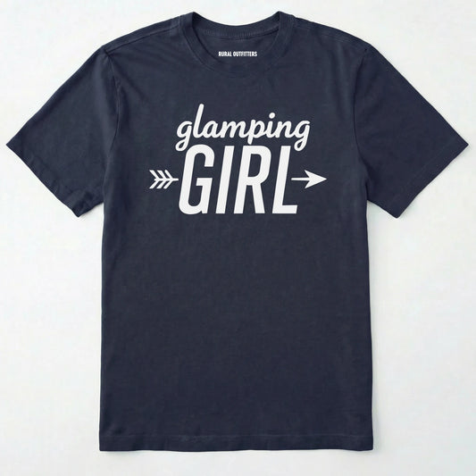 Navy glamping girl t-shirt with arrow design on a white background.
