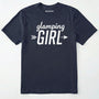 Navy glamping girl t-shirt with arrow design on a white background.
