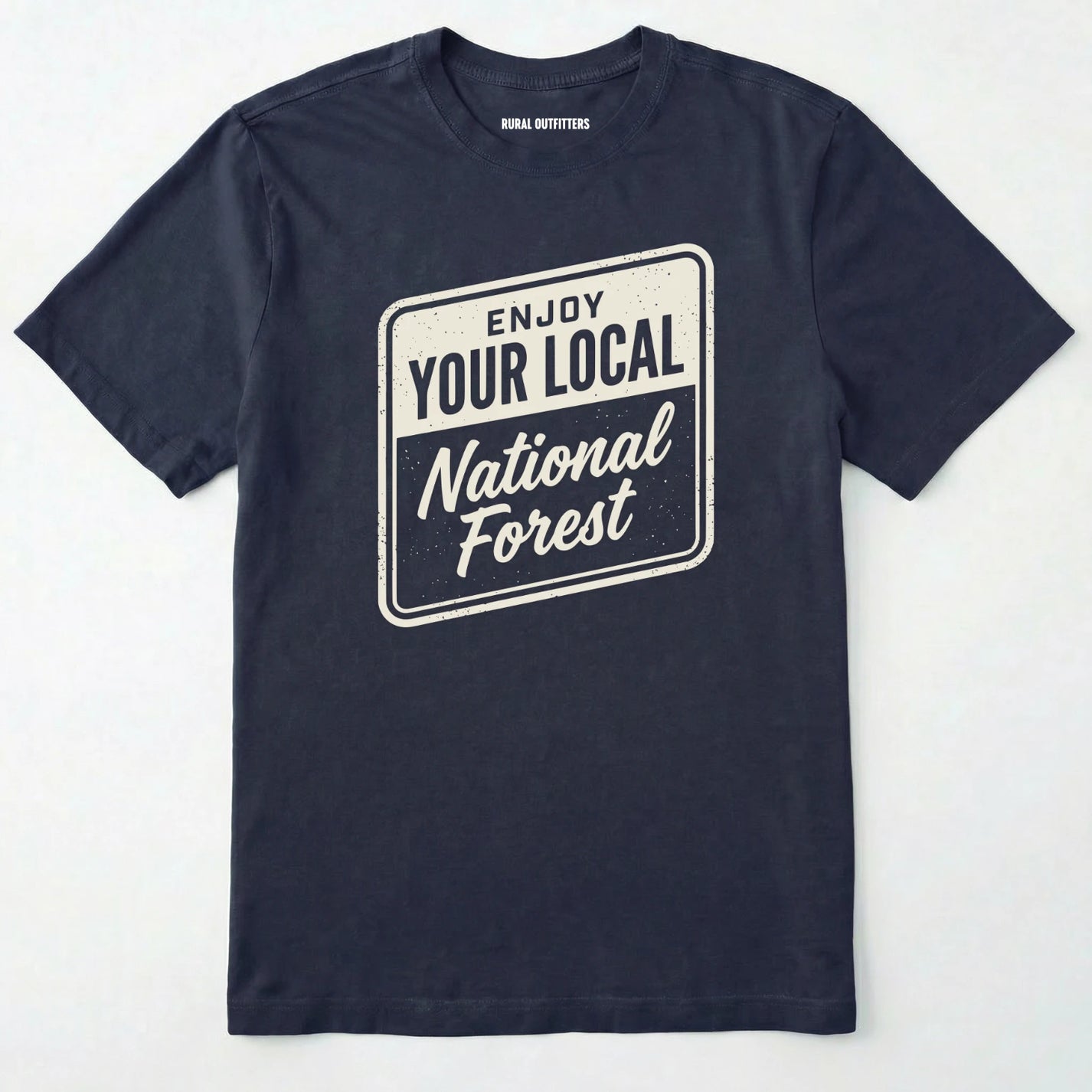Navy t-shirt with 'enjoy your local national forest' text on a white background
