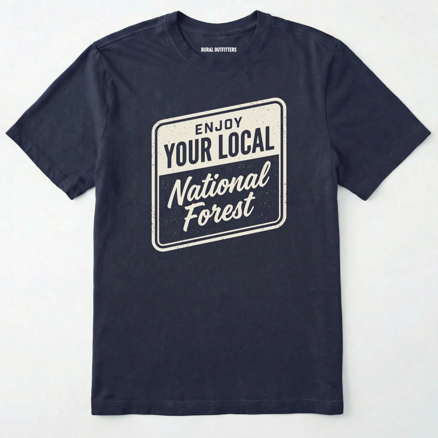 Navy t-shirt with 'enjoy your local national forest' text on a white background