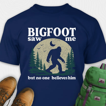 Navy bigfoot saw me shirt with vintage outdoor sasquatch graphic
