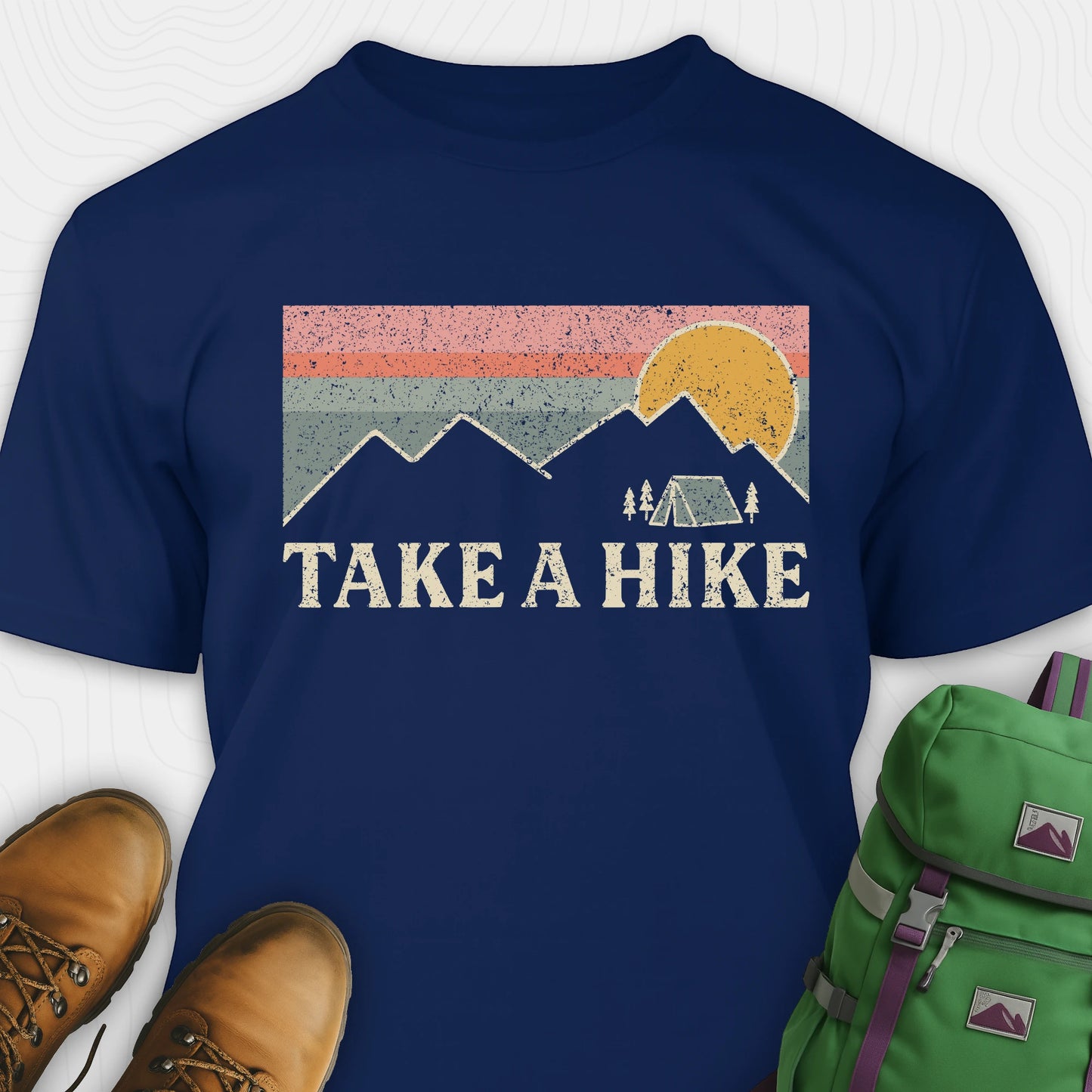 Navy take a hike shirt with retro sunset and mountain graphic