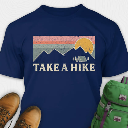 Navy take a hike shirt with retro sunset and mountain graphic