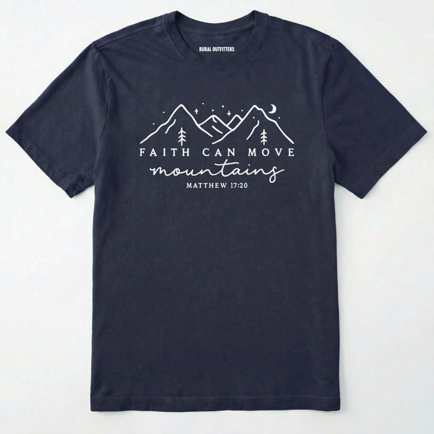 Navy faith can move mountains shirt with mountain scripture design on a white background.