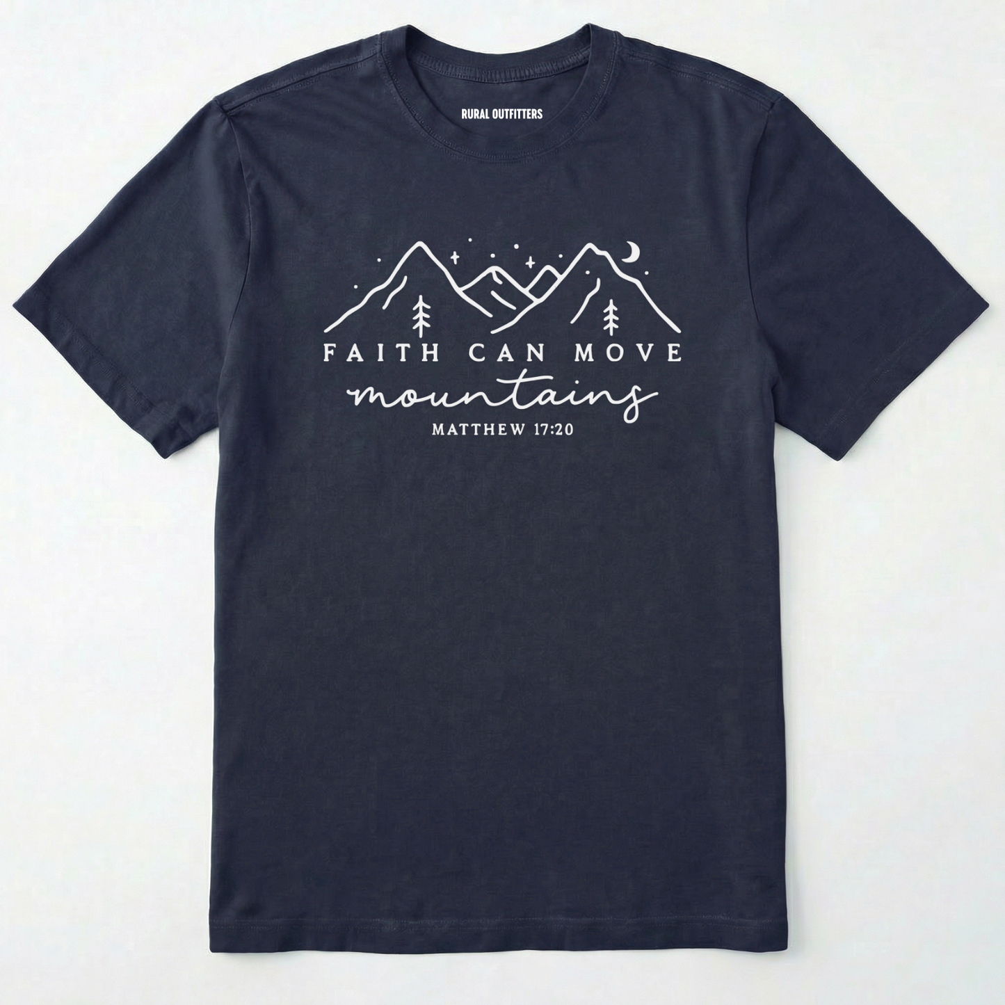 Navy faith can move mountains shirt with mountain scripture design on a white background.