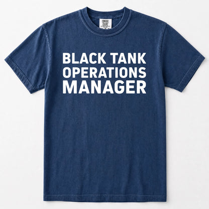Navy blue short-sleeve t-shirt with the words 'BLACK TANK OPERATIONS MANAGER' printed in bold white capital letters across the chest, displayed flat against a light gray background.