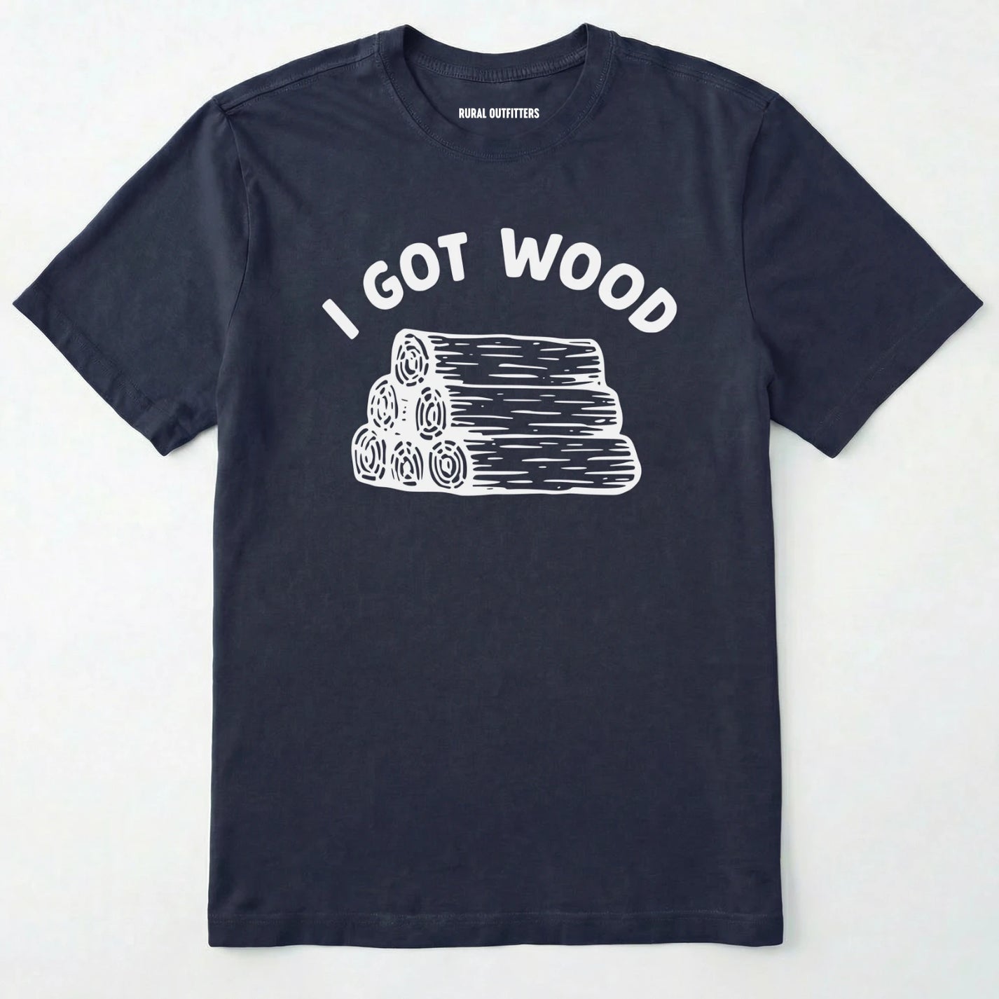 Navy i got wood shirt with stacked firewood graphic on a white background.