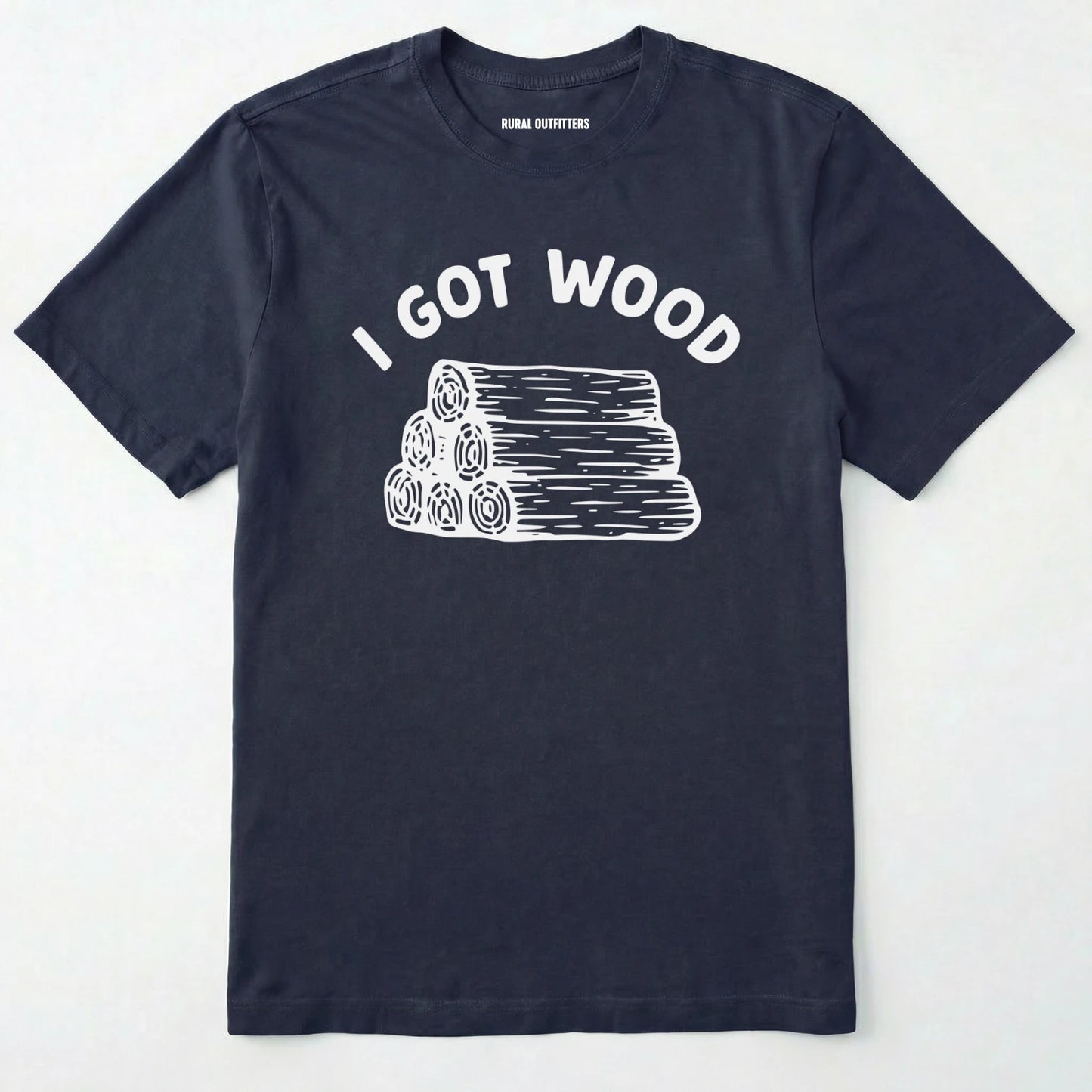 Navy i got wood shirt with stacked firewood graphic on a white background.
