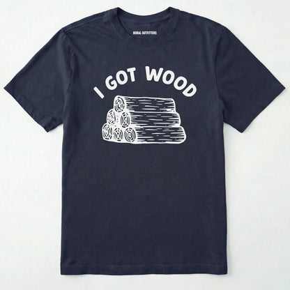 Navy i got wood shirt with stacked firewood graphic on a white background.