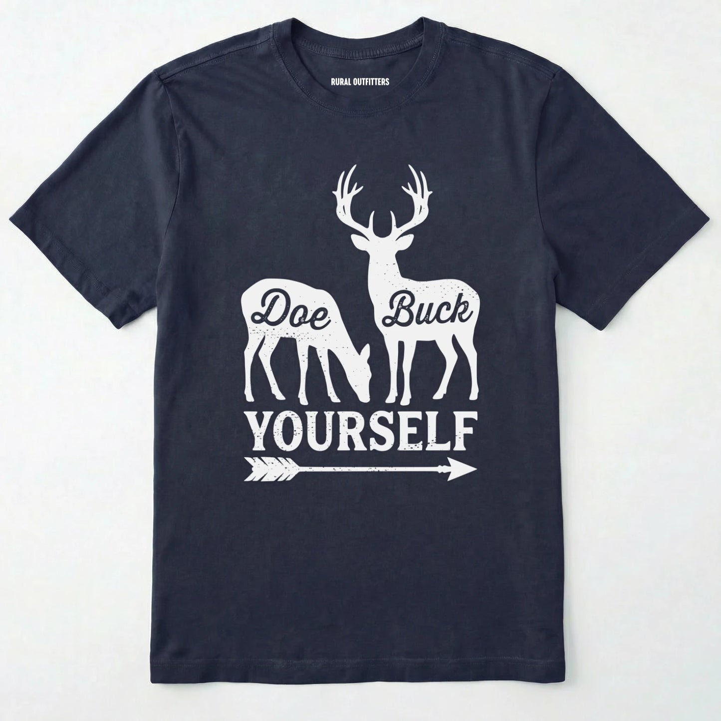 Navy t-shirt with white graphic of deer and text 'doe buck yourself' on a white background