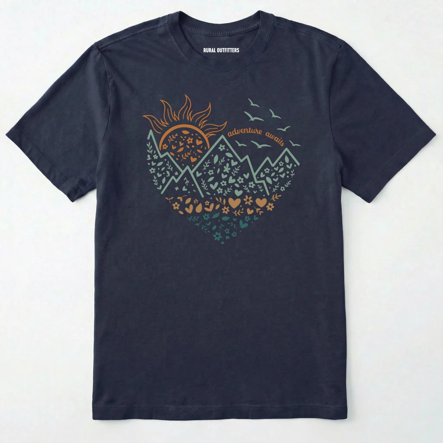 Navy adventure awaits shirt with a floral nature heart, mountain and sun illustration on a white background.