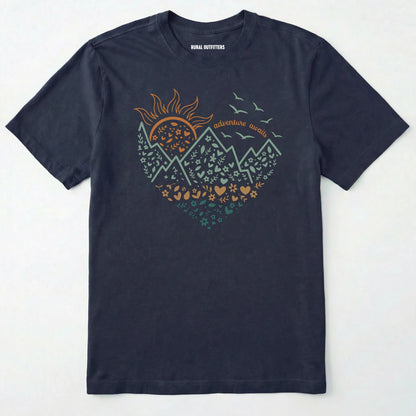 Navy adventure awaits shirt with a floral nature heart, mountain and sun illustration on a white background.