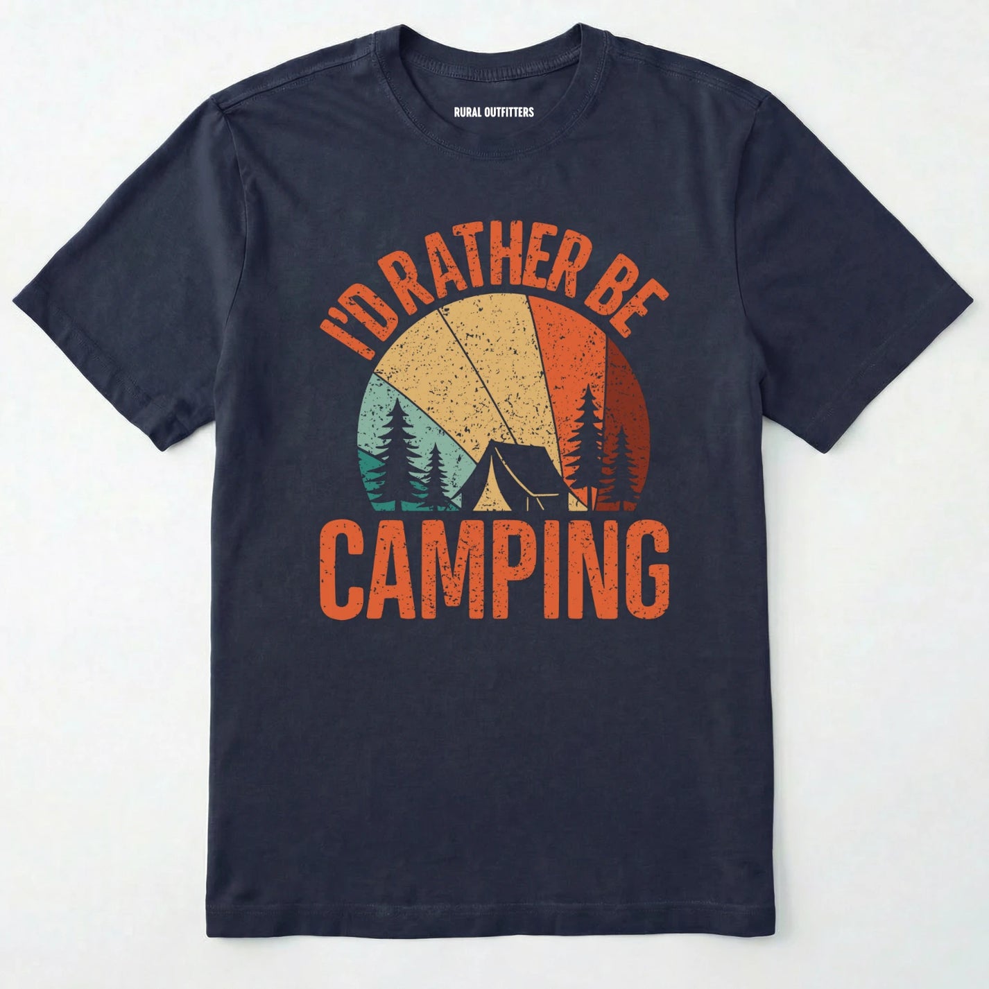 Navy t-shirt with 'i'd rather be camping' graphic design on a white background