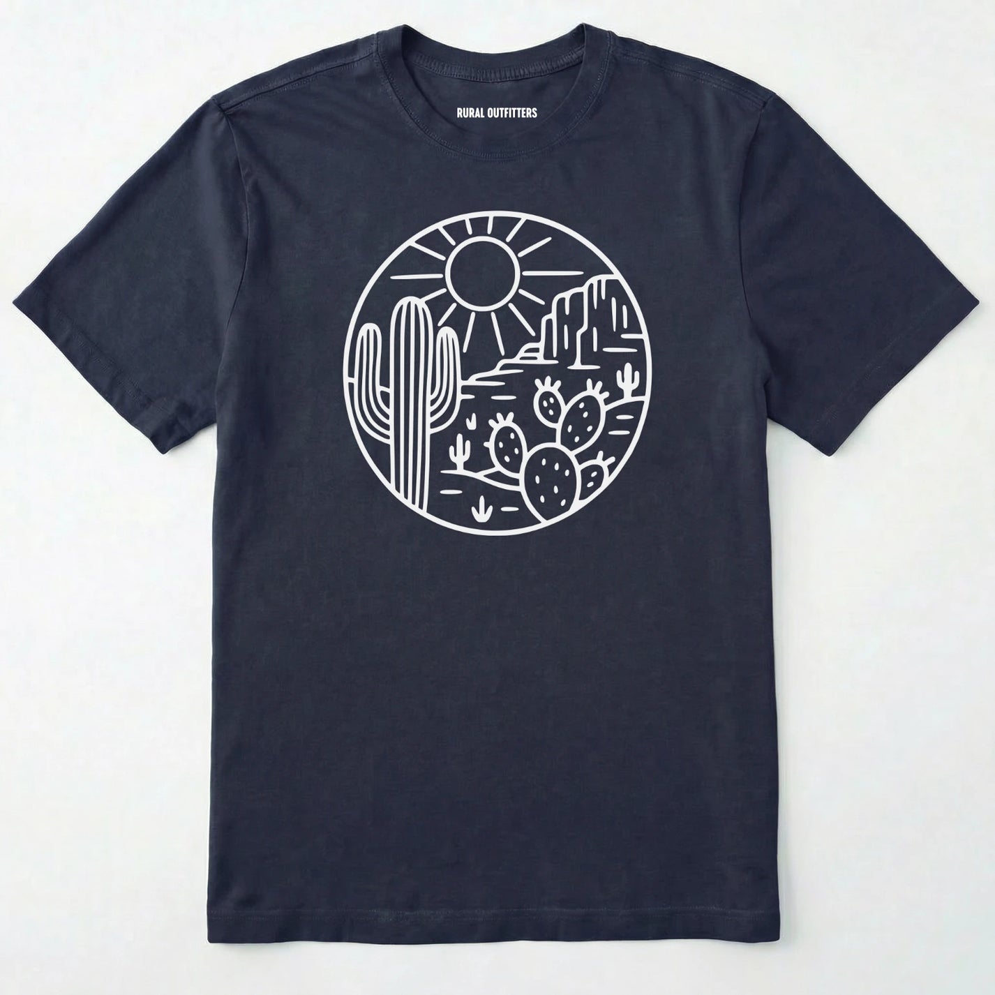 Navy cactus shirt featuring desert landscape and cactus illustration on a white background.