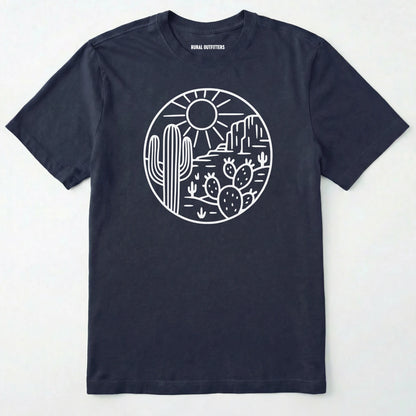 Navy cactus shirt featuring desert landscape and cactus illustration on a white background.