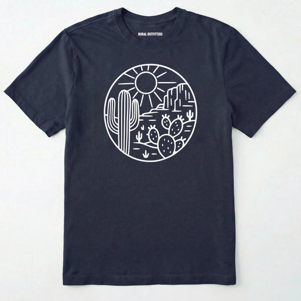 Navy cactus shirt featuring desert landscape and cactus illustration on a white background.