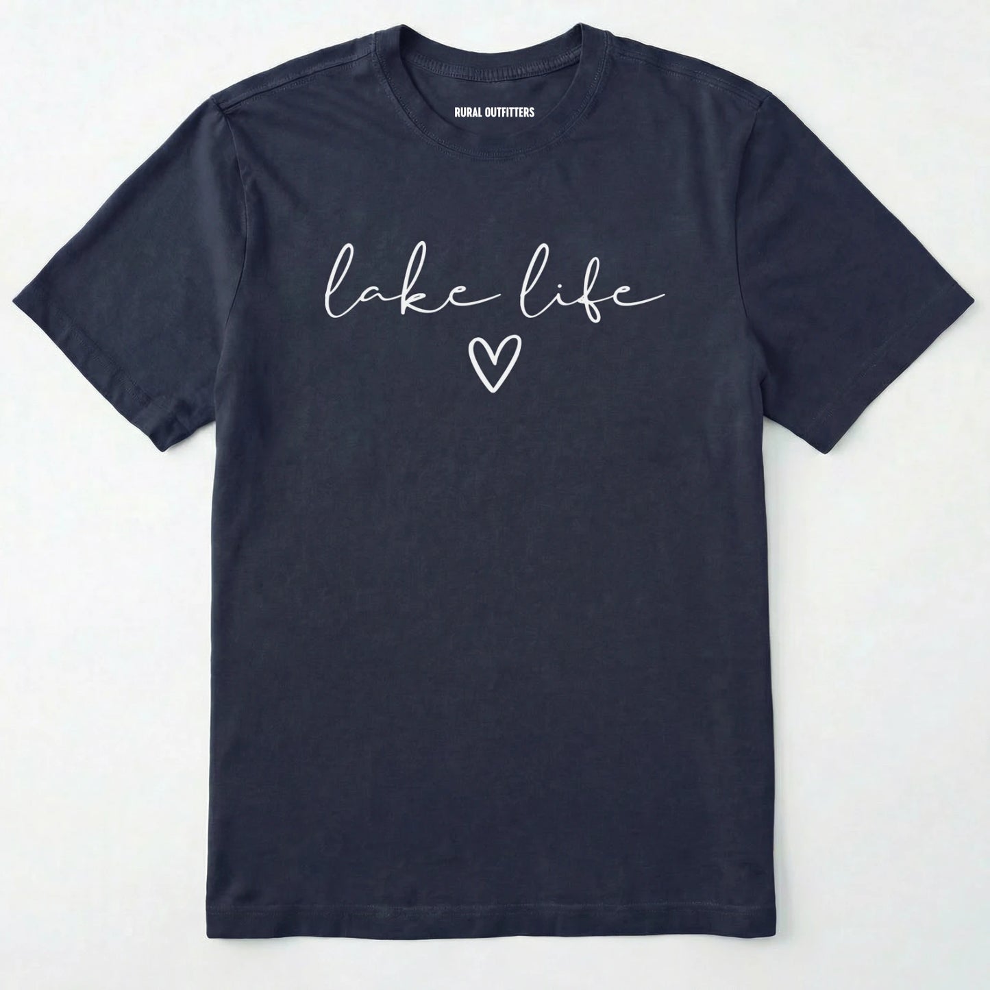 Navy lake life shirt with 'lake life' text and heart graphic.