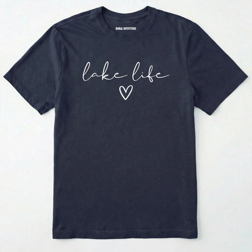 Navy lake life shirt with 'lake life' text and heart graphic.