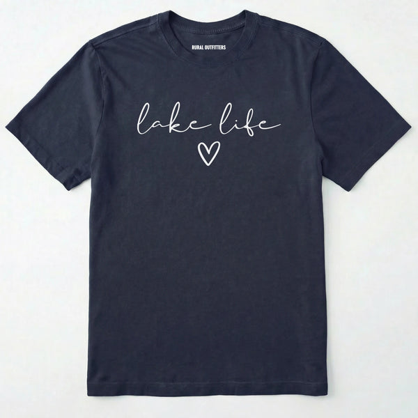 Navy lake life shirt with 'lake life' text and heart graphic.