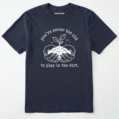 Navy t-shirt with white graphic and text on a white background