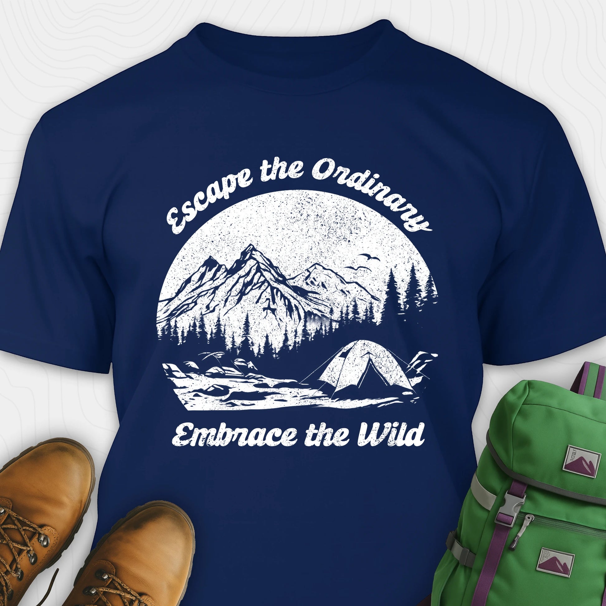 Navy escape the ordinary t-shirt with mountain and tent graphic