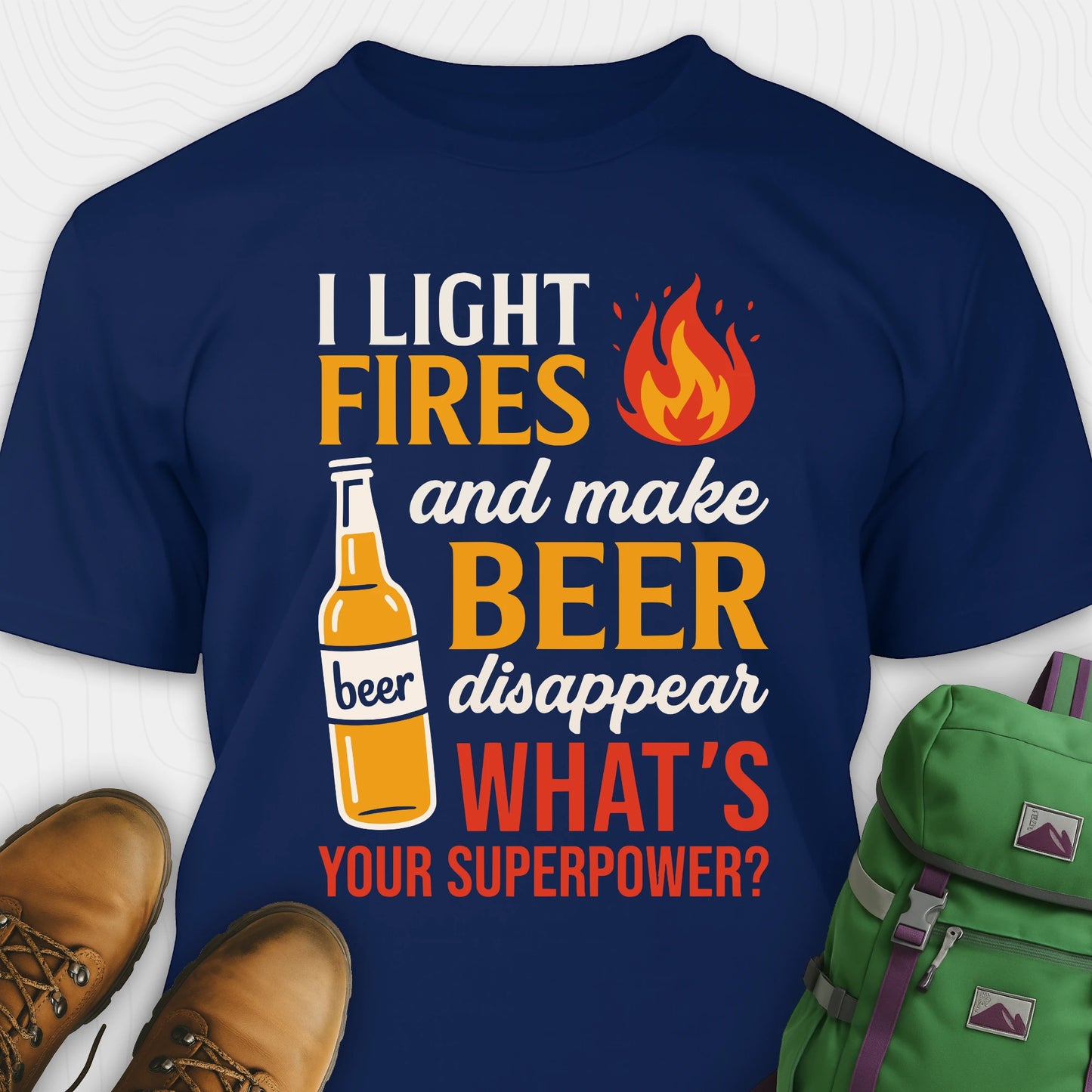 Navy funny beer shirt featuring fire and beer bottle graphic