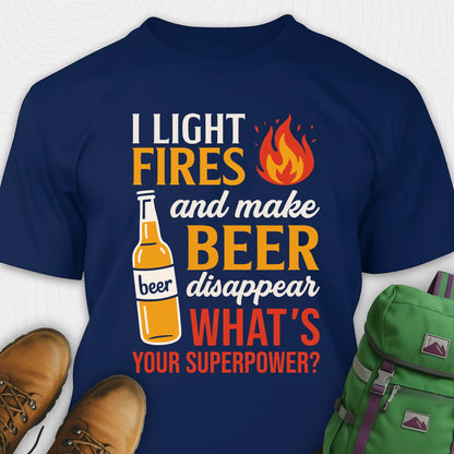 Navy funny beer shirt featuring fire and beer bottle graphic