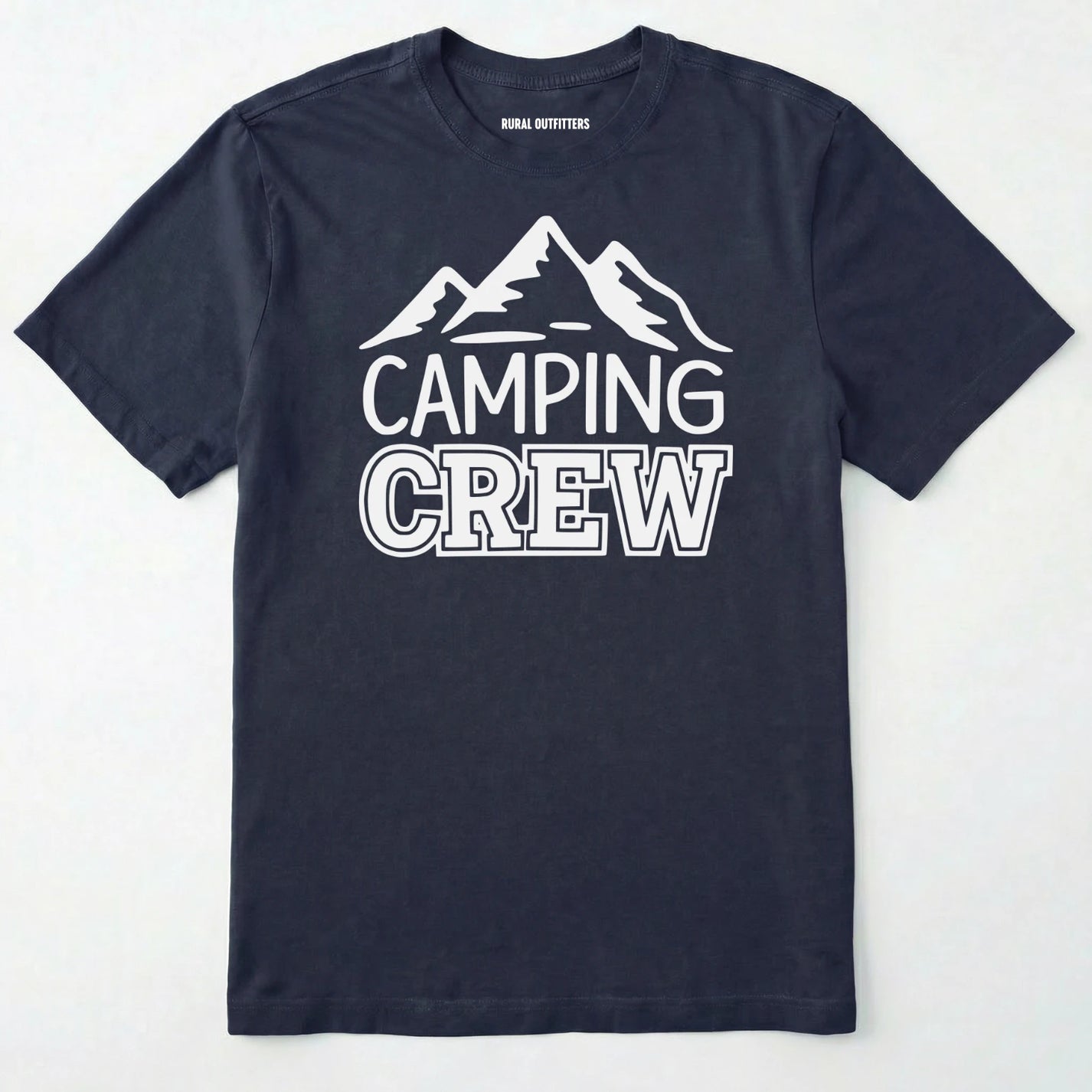 Navy camping crew t-shirt with 'camping crew' text and mountain graphic.